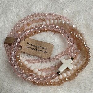 Beaded Bracelets Pretty Neutral Soft Pink Set of 5 with a Cross Charm NWT Spring